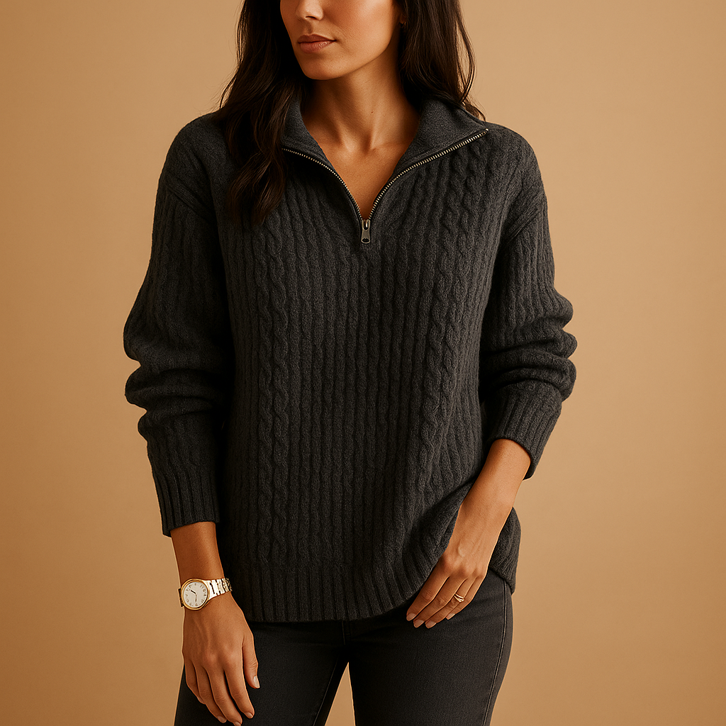 Quarter Zip Cotton Blend Sweater with Fold Over Collar for Women