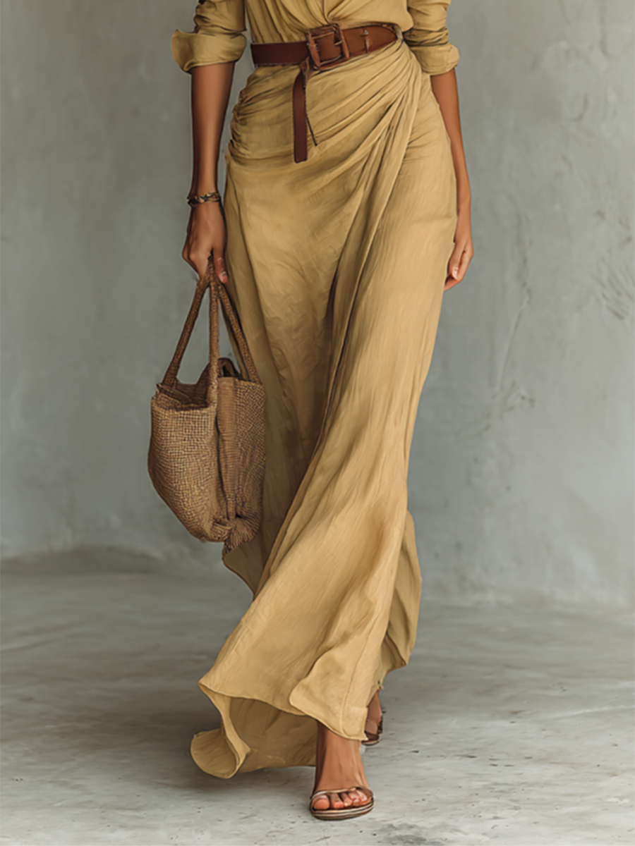 Vestido Maxi con Cinturón y Cuello en V para Mujer
