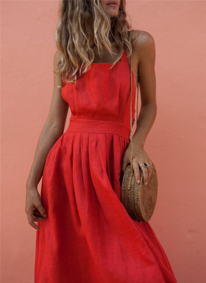 Midi Dress with Back Strap Button Detail for Women