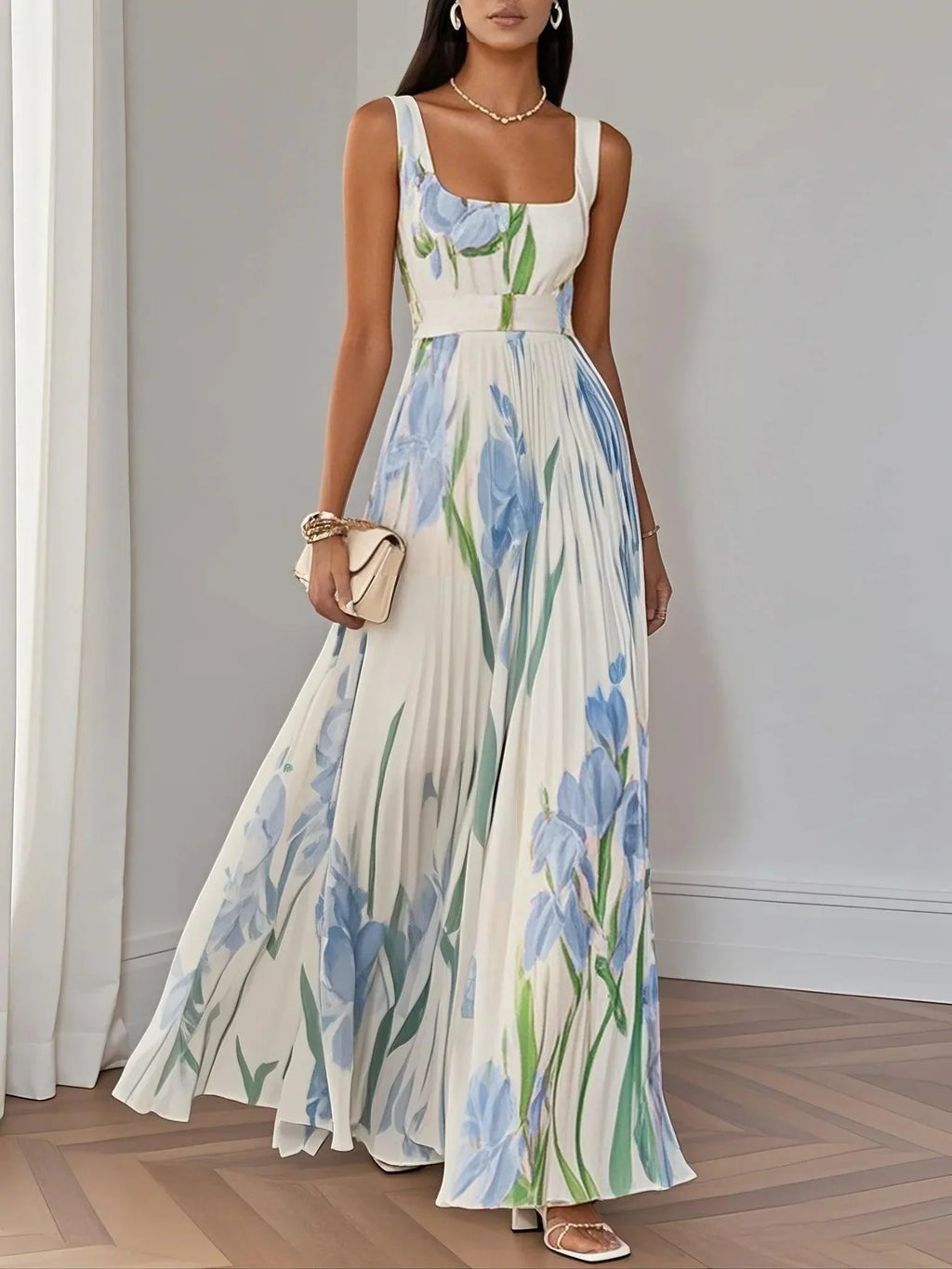 Vestido Maxi Plisado con Escote Cuadrado para Mujer | Ideal para el Verano