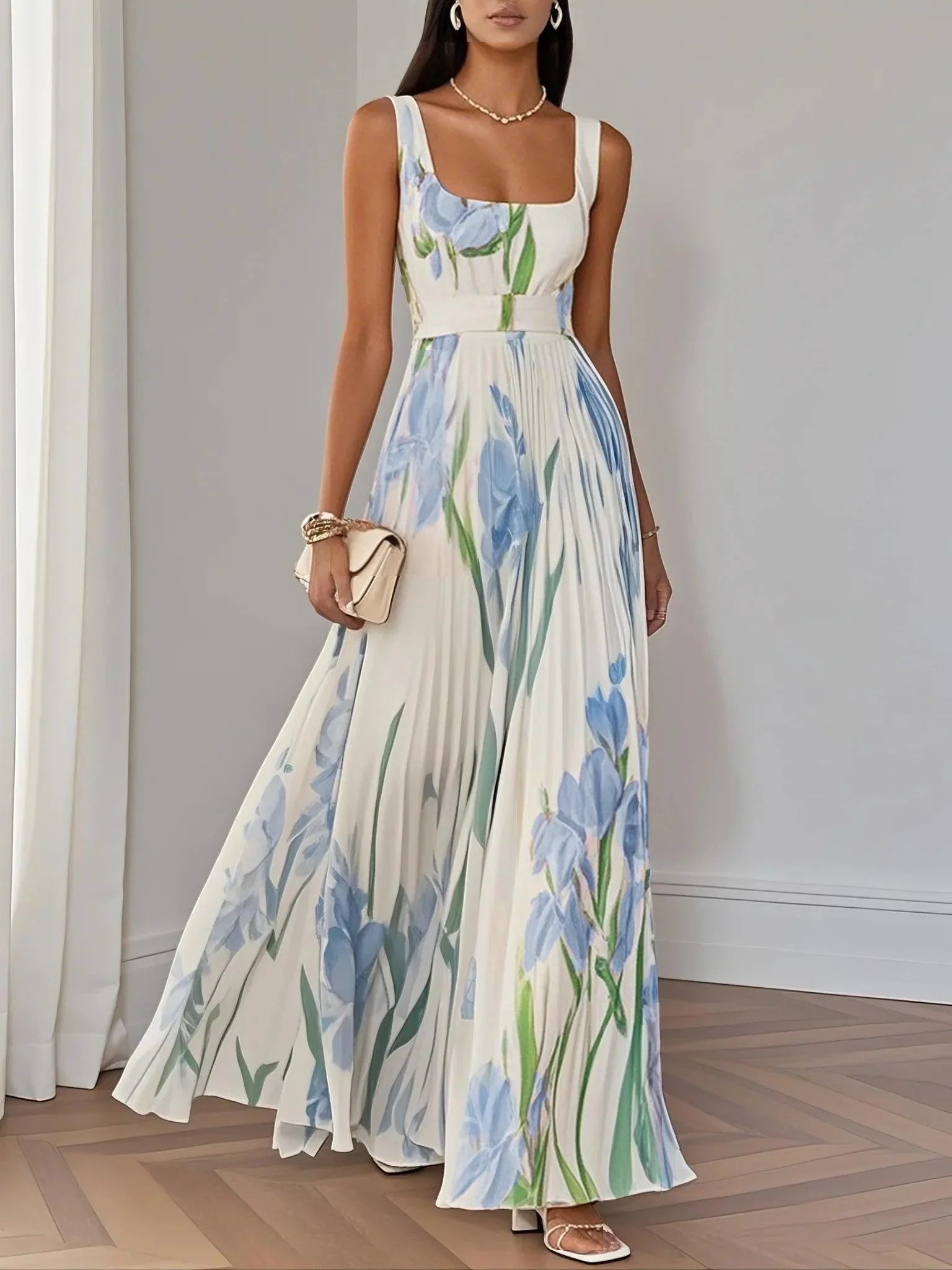 Vestido Maxi Plisado con Escote Cuadrado para Mujer | Ideal para el Verano