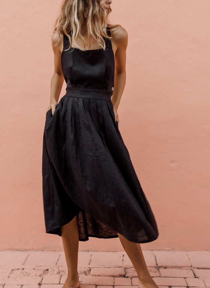 Midi Dress with Back Strap Button Detail for Women