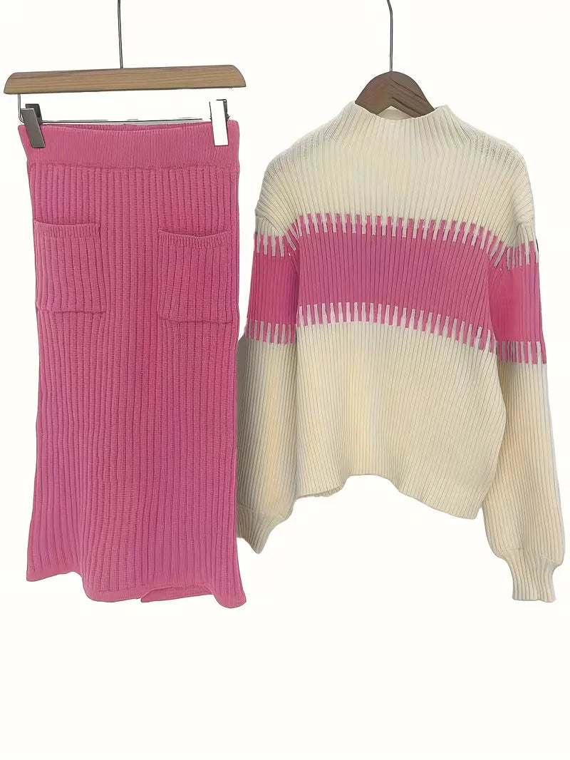 Falda Midi de Cintura Alta y Suéter Oversized de Punto Acanalado para Mujer