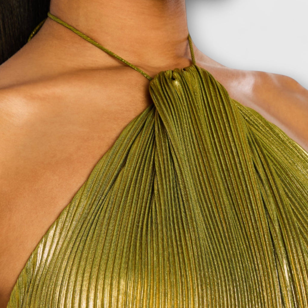 Vestido de Noche Metalizado con Cuello Halter para Mujer