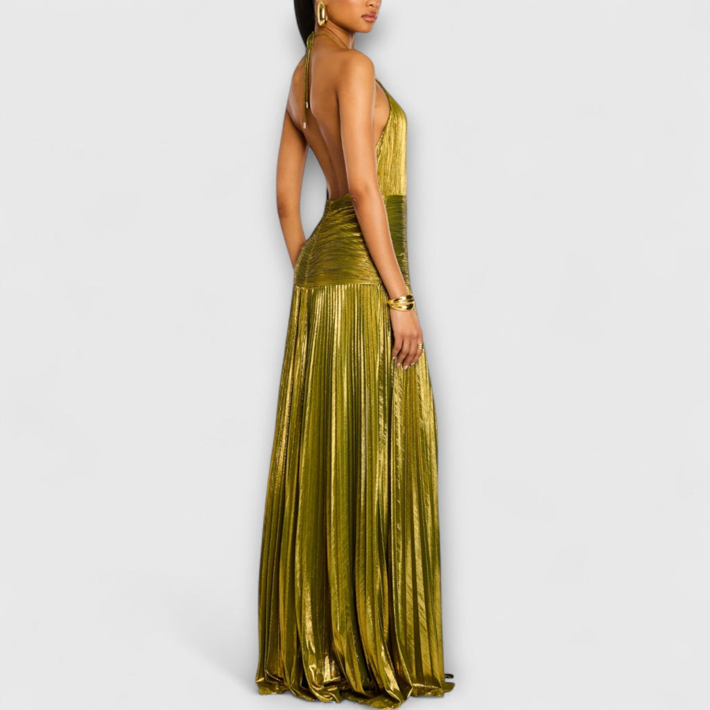 Vestido de Noche Metalizado con Cuello Halter para Mujer