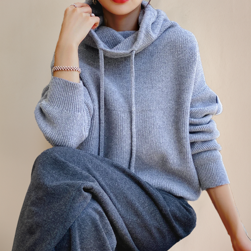 Oversized Cowl Neck Pullover Sweater with Ribbed Cuffs for Women