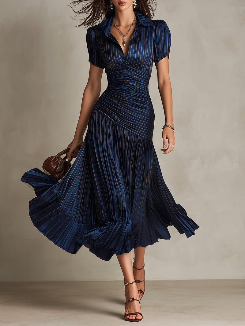 Vestido Midi Plisado a Rayas de Satén con Cuello en V para Mujer