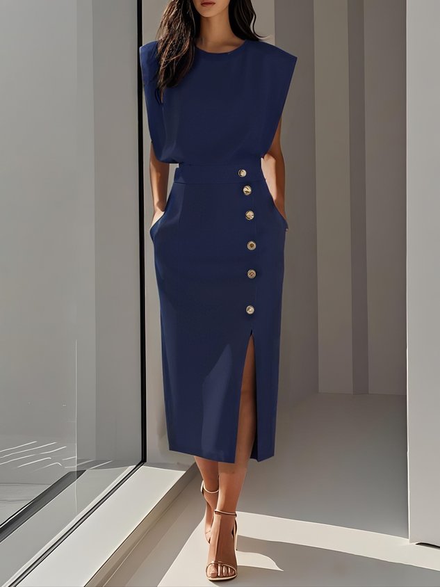 Vestido Midi con Cuello Redondo y Botones para Mujer | Ideal para el Verano