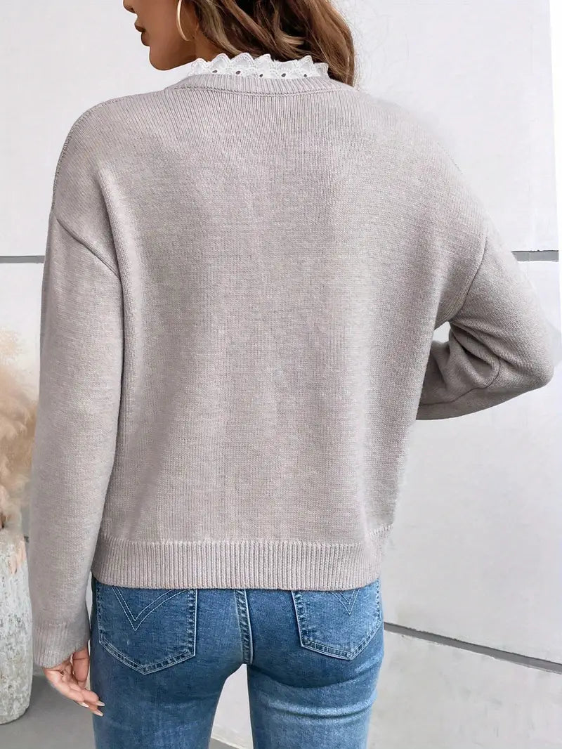 Suéter de Punto Cuello V con Encaje para Mujer