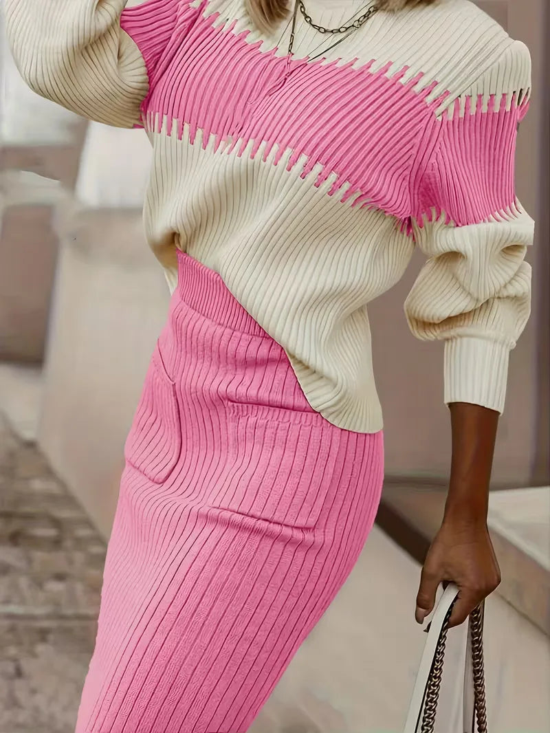 Falda Midi de Cintura Alta y Suéter Oversized de Punto Acanalado para Mujer