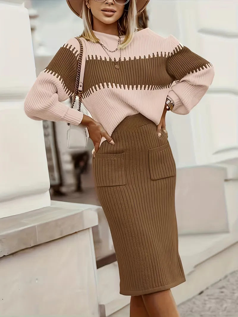 Falda Midi de Cintura Alta y Suéter Oversized de Punto Acanalado para Mujer