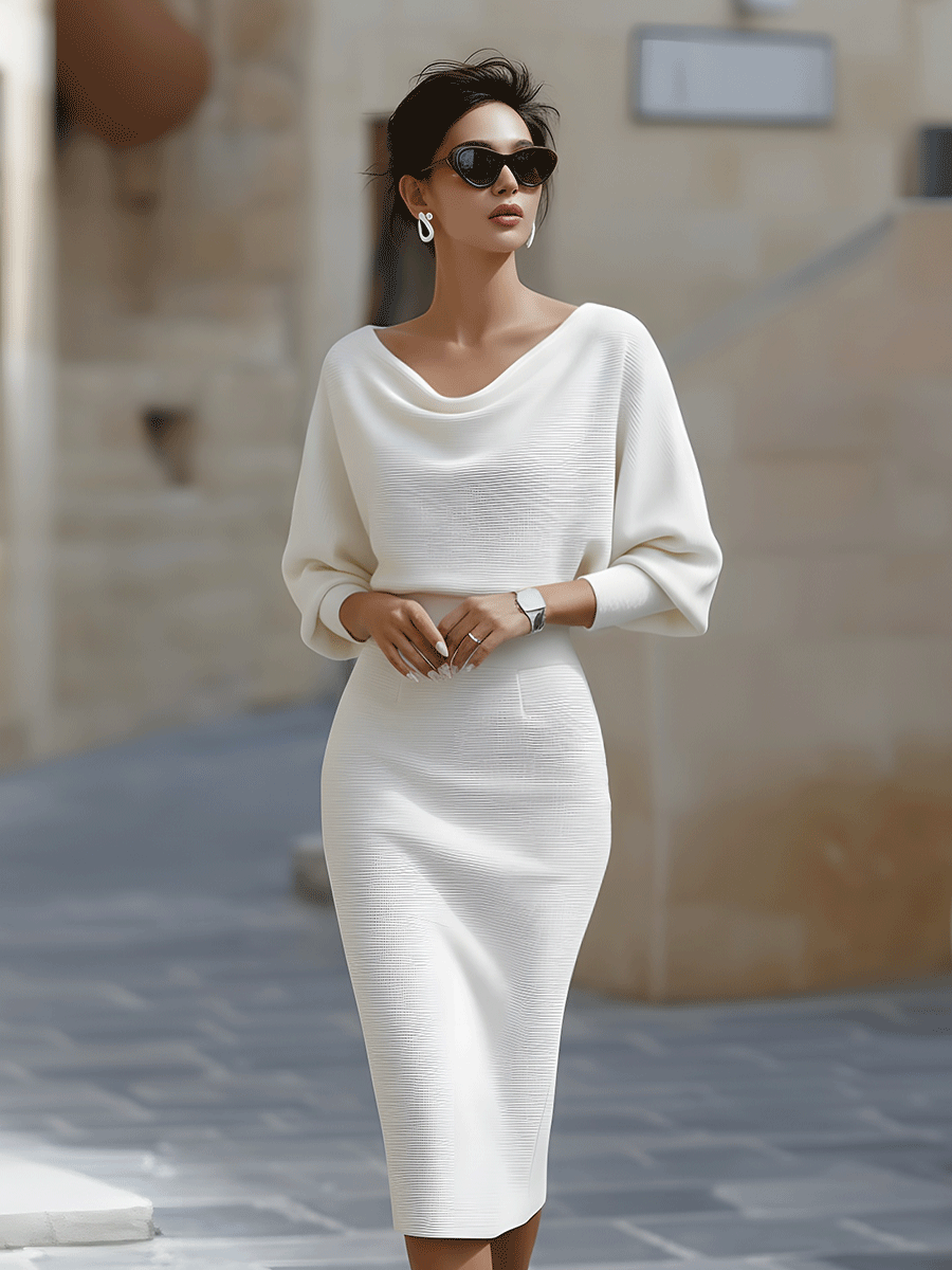 Vestido Midi de Suéter de Punto Acanalado con Mangas Murciélago para Mujer