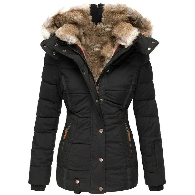 Chaqueta Acolchada Puffer con Capucha de Piel Sintética para Mujer