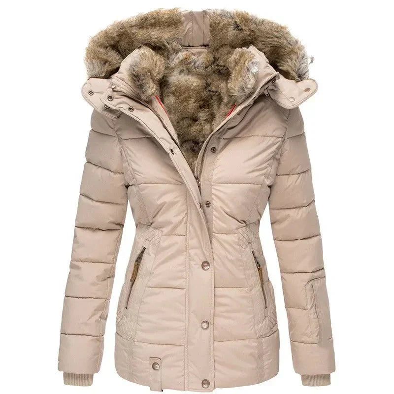 Chaqueta Acolchada Puffer con Capucha de Piel Sintética para Mujer