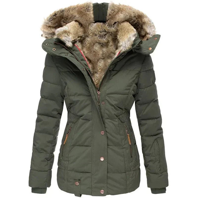 Chaqueta Acolchada Puffer con Capucha de Piel Sintética para Mujer