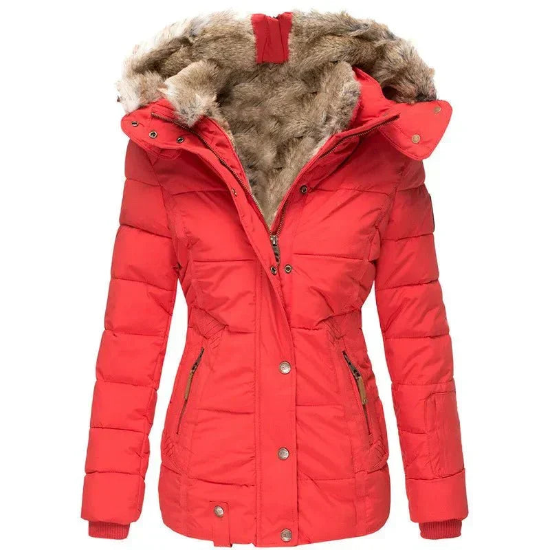 Chaqueta Acolchada Puffer con Capucha de Piel Sintética para Mujer