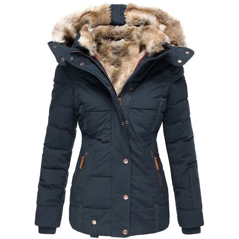 Chaqueta Acolchada Puffer con Capucha de Piel Sintética para Mujer