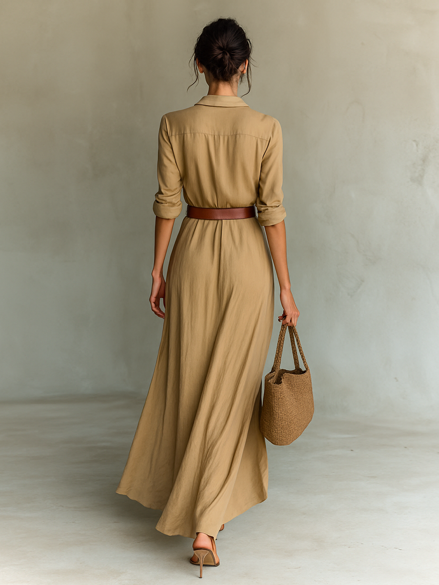 Vestido Maxi con Cinturón y Cuello en V para Mujer