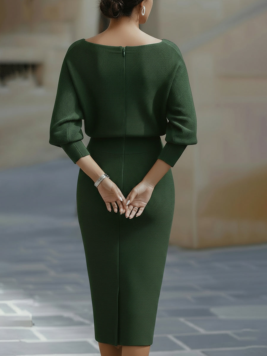 Vestido Midi de Suéter de Punto Acanalado con Mangas Murciélago para Mujer