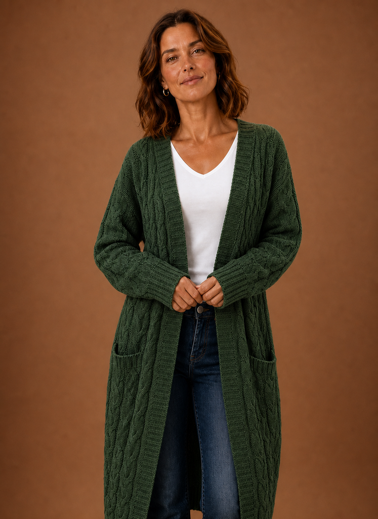 Long Chunky Cable Knit Cardigan with Pockets for Women