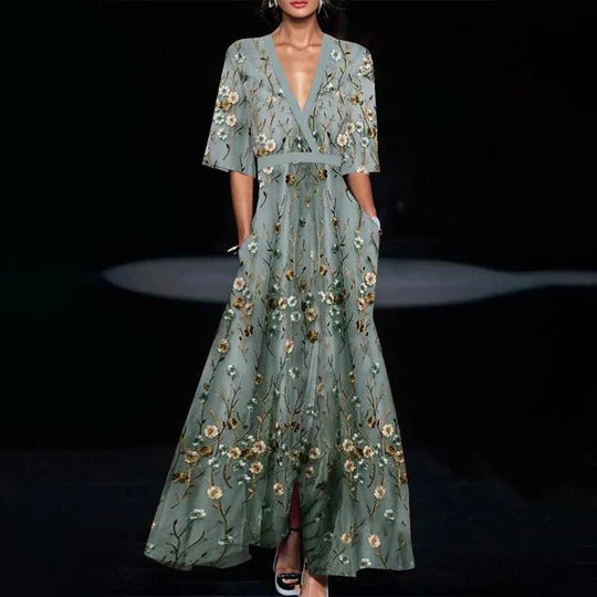 Vestido largo verde con mangas hasta el codo para Mujeres