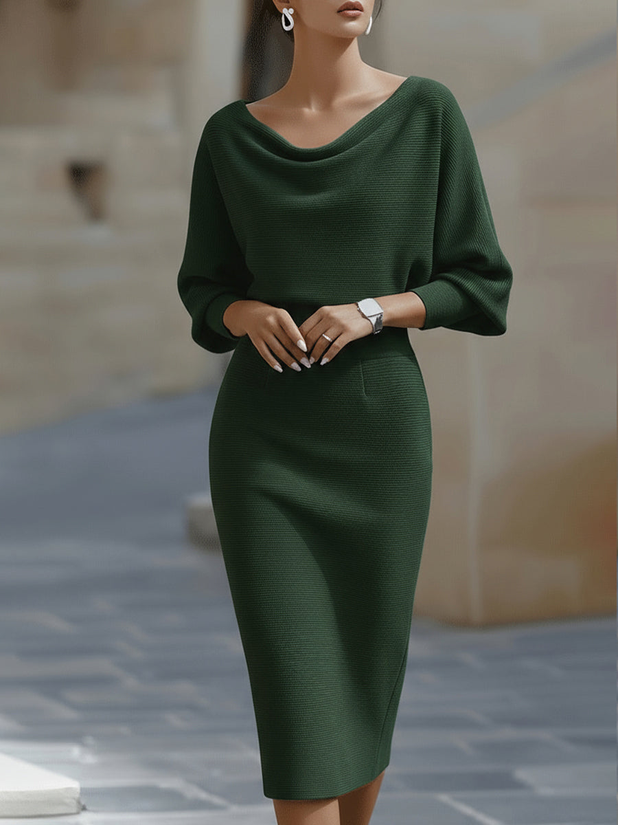 Vestido Midi de Suéter de Punto Acanalado con Mangas Murciélago para Mujer
