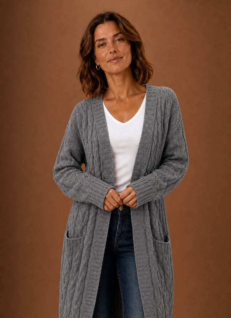 Long Chunky Cable Knit Cardigan with Pockets for Women