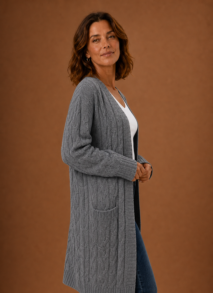 Long Chunky Cable Knit Cardigan with Pockets for Women