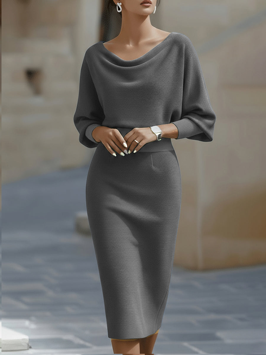 Vestido Midi de Suéter de Punto Acanalado con Mangas Murciélago para Mujer
