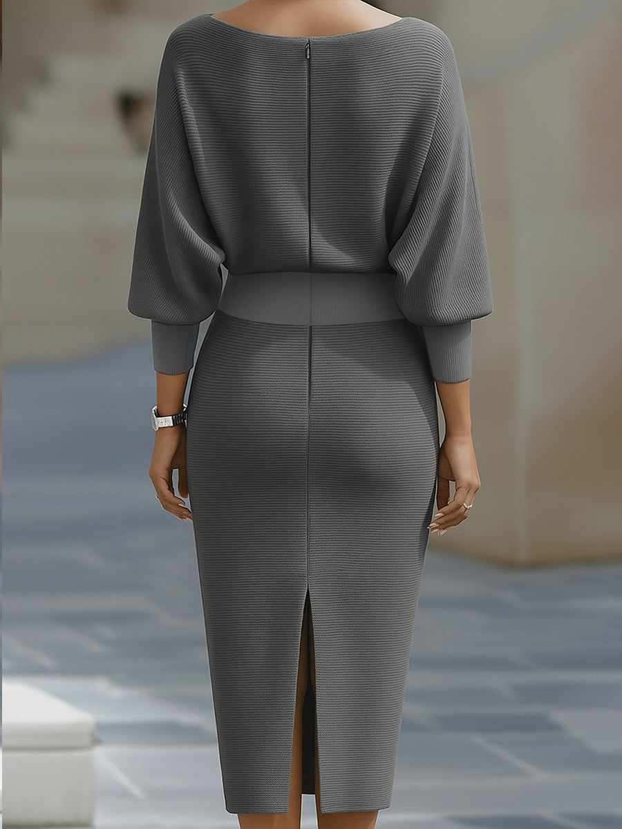 Vestido Midi de Suéter de Punto Acanalado con Mangas Murciélago para Mujer