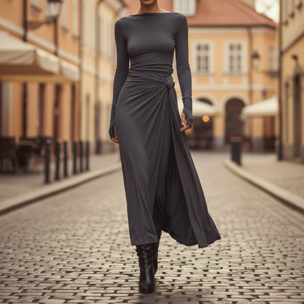 Vestido Maxi Fluido de Manga Larga con Cintura Ajustable para Mujer