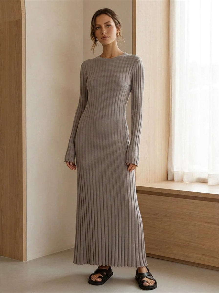 Vestido Maxi Entallado de Punto Canalé con Manga Larga para Mujer