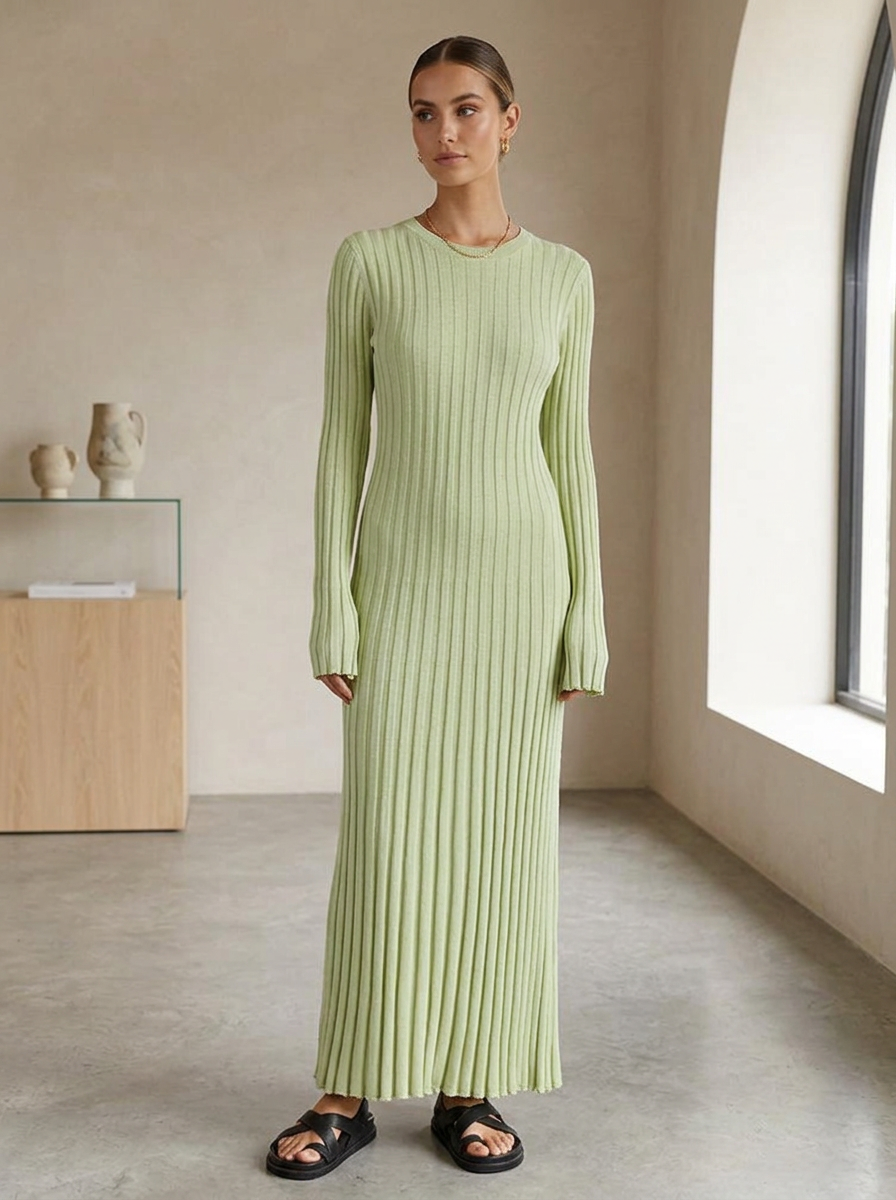 Vestido Maxi Entallado de Punto Canalé con Manga Larga para Mujer
