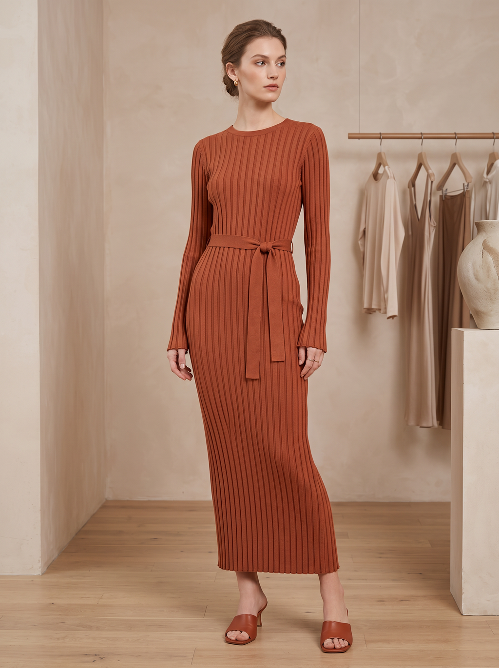 Vestido Maxi Entallado de Punto Canalé con Manga Larga para Mujer