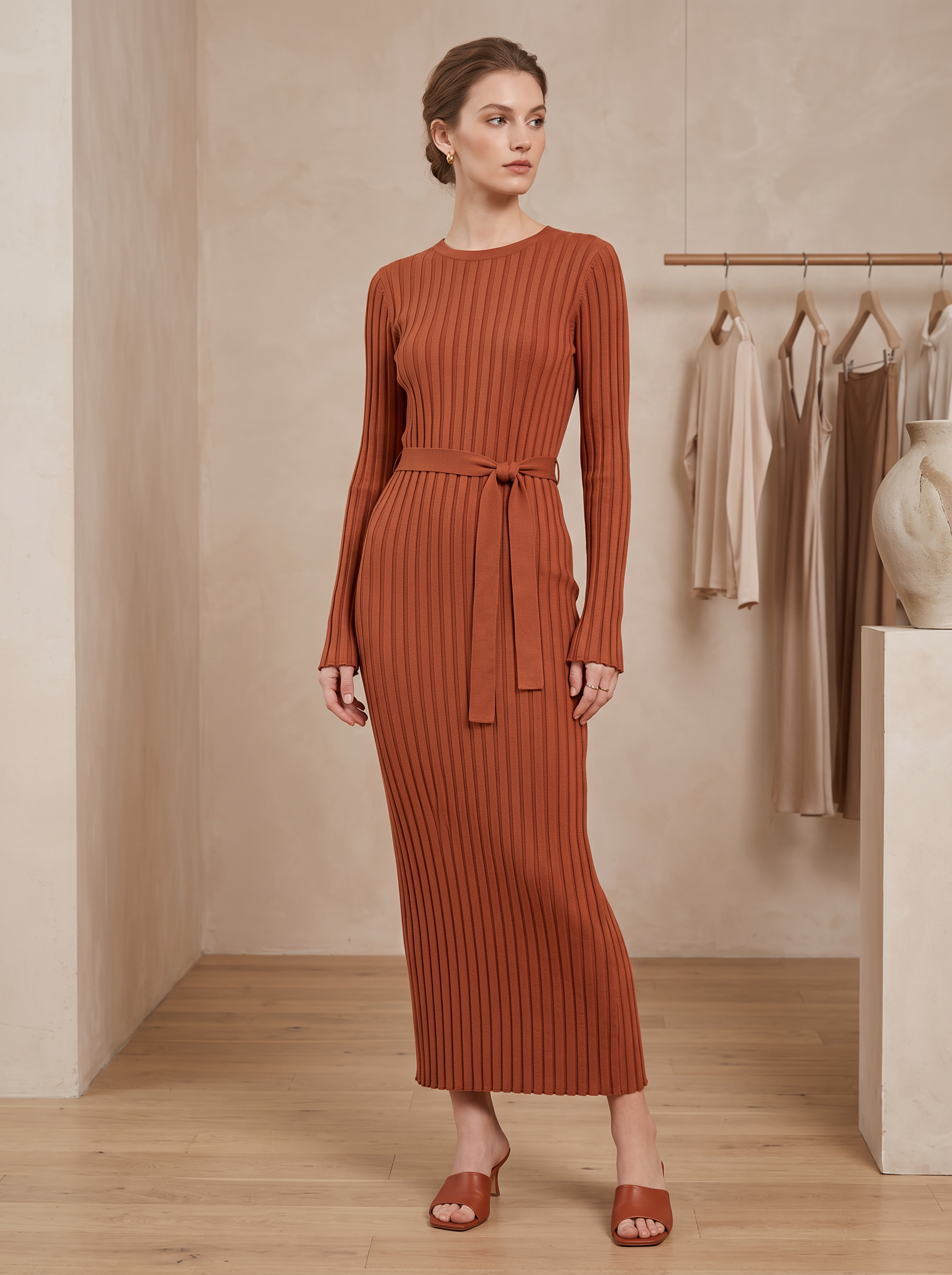 Vestido Maxi Entallado de Punto Canalé con Manga Larga para Mujer