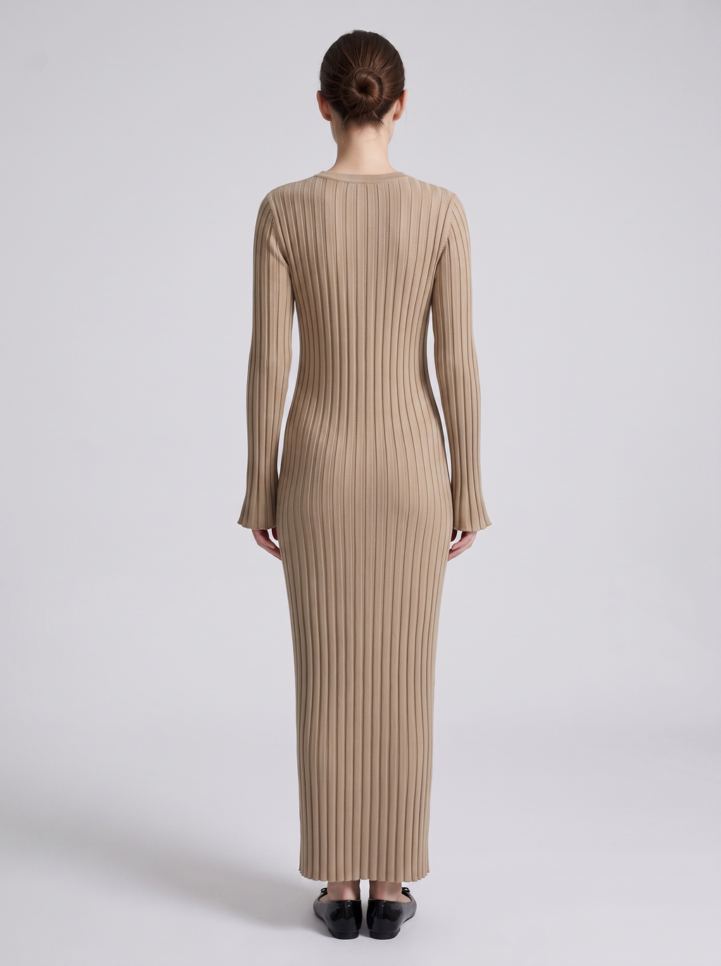 Vestido Maxi Entallado de Punto Canalé con Manga Larga para Mujer
