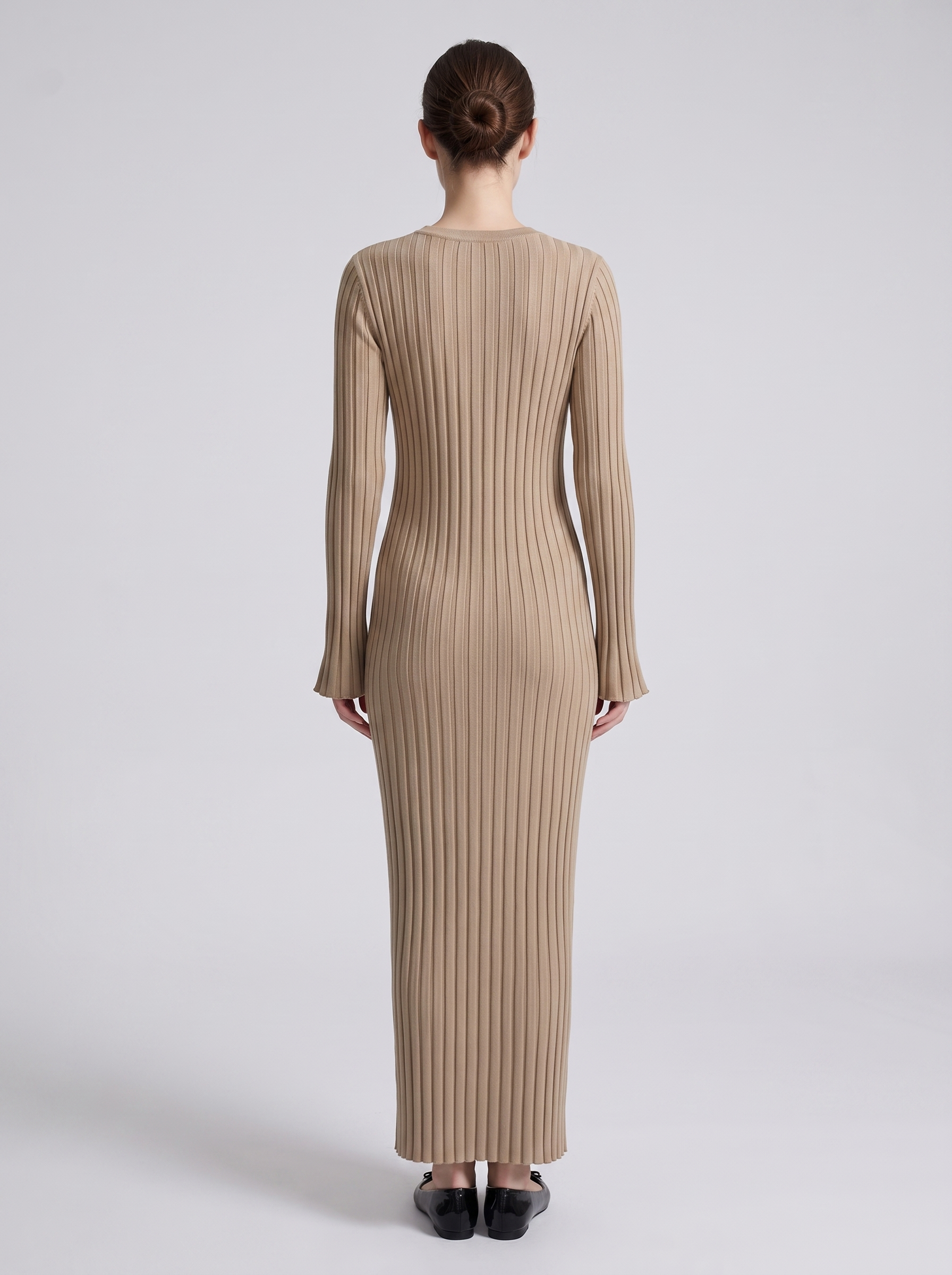 Vestido Maxi Entallado de Punto Canalé con Manga Larga para Mujer