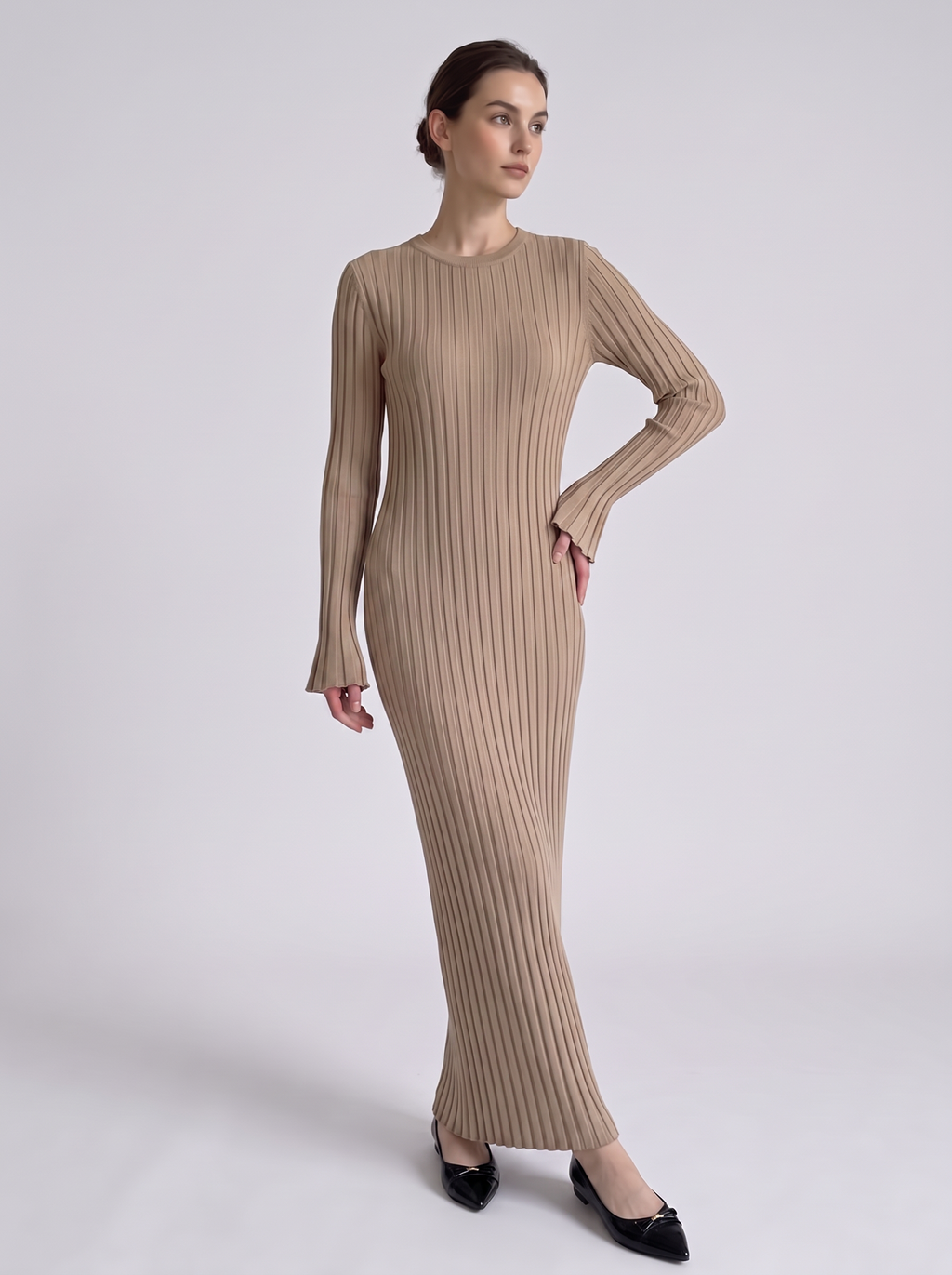 Vestido Maxi Entallado de Punto Canalé con Manga Larga para Mujer