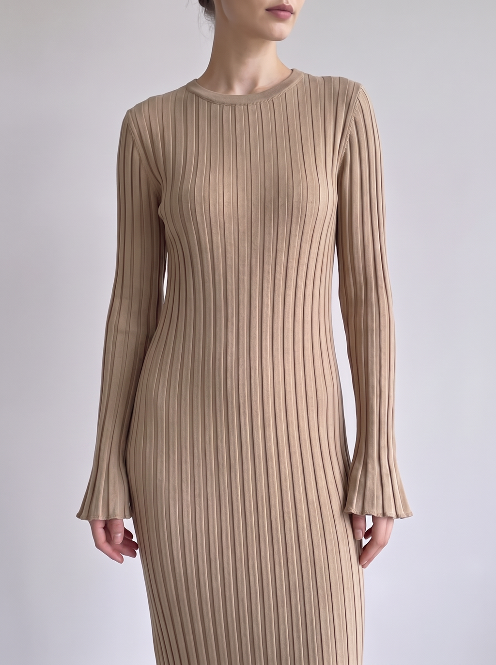 Vestido Maxi Entallado de Punto Canalé con Manga Larga para Mujer
