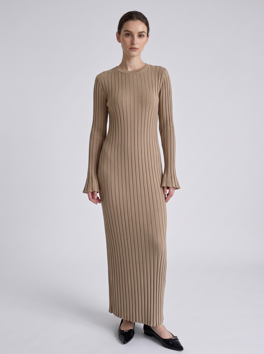 Vestido Maxi Entallado de Punto Canalé con Manga Larga para Mujer