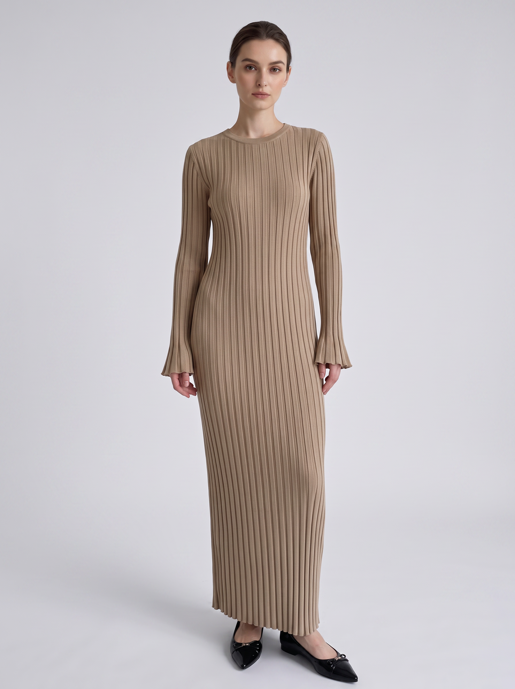 Vestido Maxi Entallado de Punto Canalé con Manga Larga para Mujer