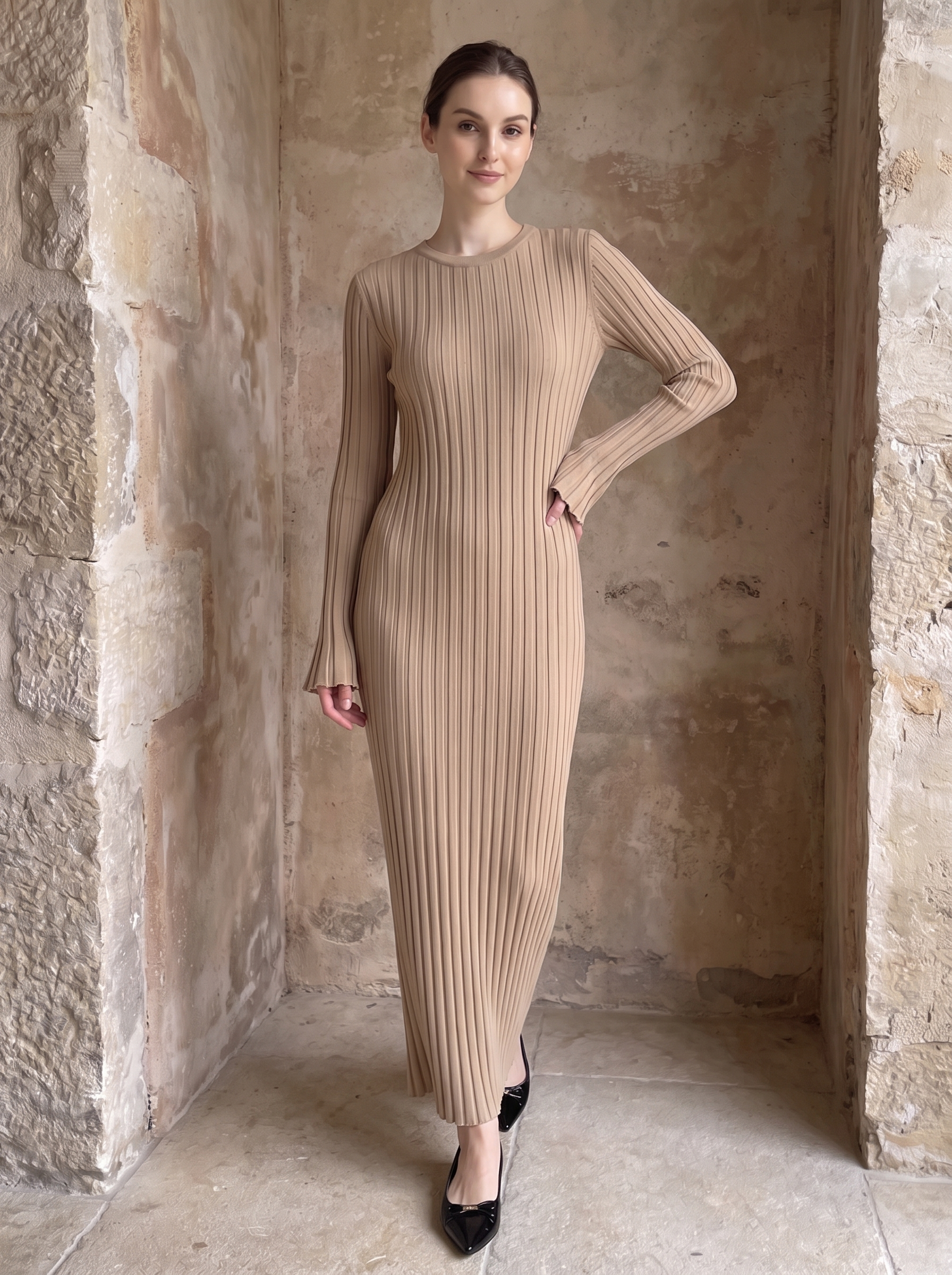 Vestido Maxi Entallado de Punto Canalé con Manga Larga para Mujer