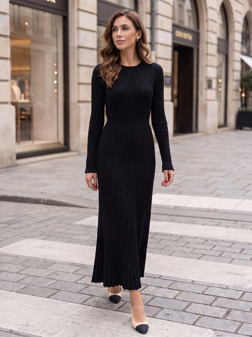 Vestido Maxi Entallado de Punto Canalé con Manga Larga para Mujer