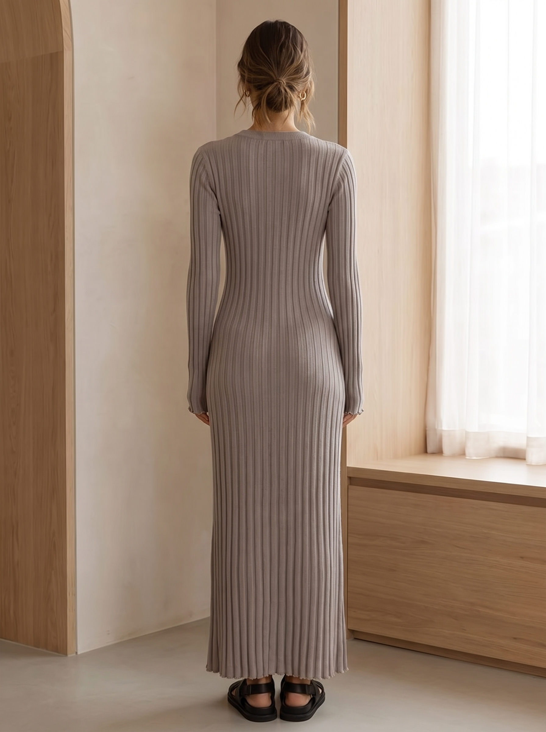 Vestido Maxi Entallado de Punto Canalé con Manga Larga para Mujer