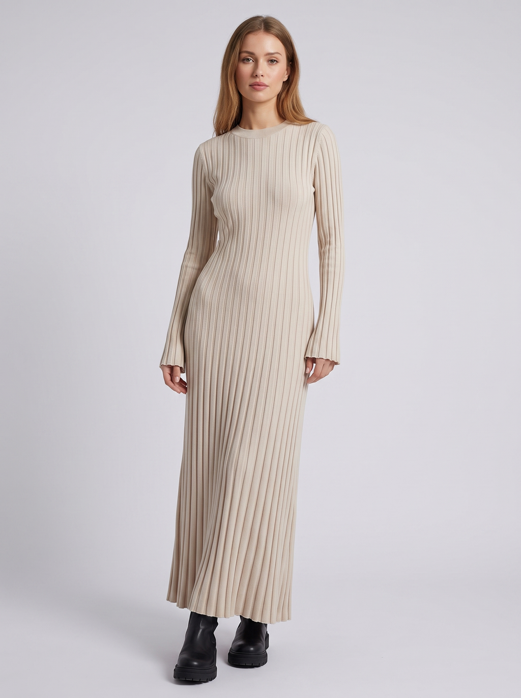 Vestido Maxi Entallado de Punto Canalé con Manga Larga para Mujer