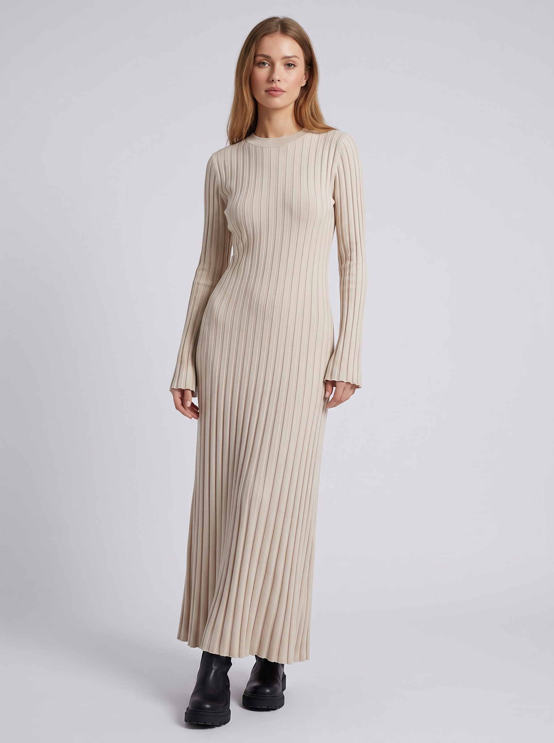 Vestido Maxi Entallado de Punto Canalé con Manga Larga para Mujer