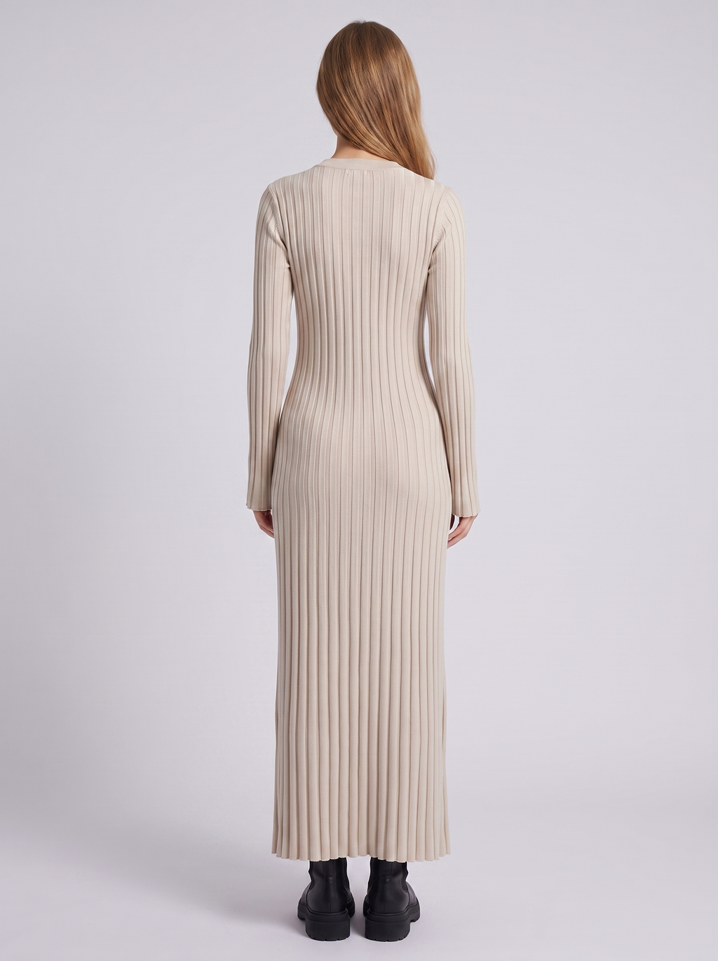 Vestido Maxi Entallado de Punto Canalé con Manga Larga para Mujer