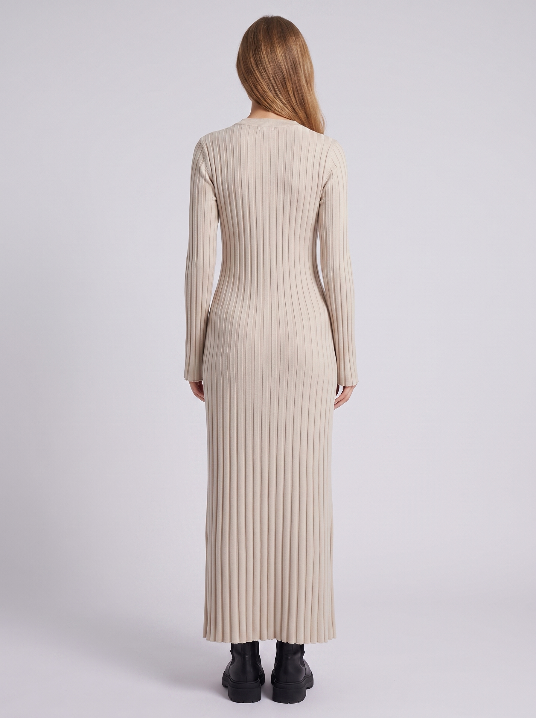 Vestido Maxi Entallado de Punto Canalé con Manga Larga para Mujer