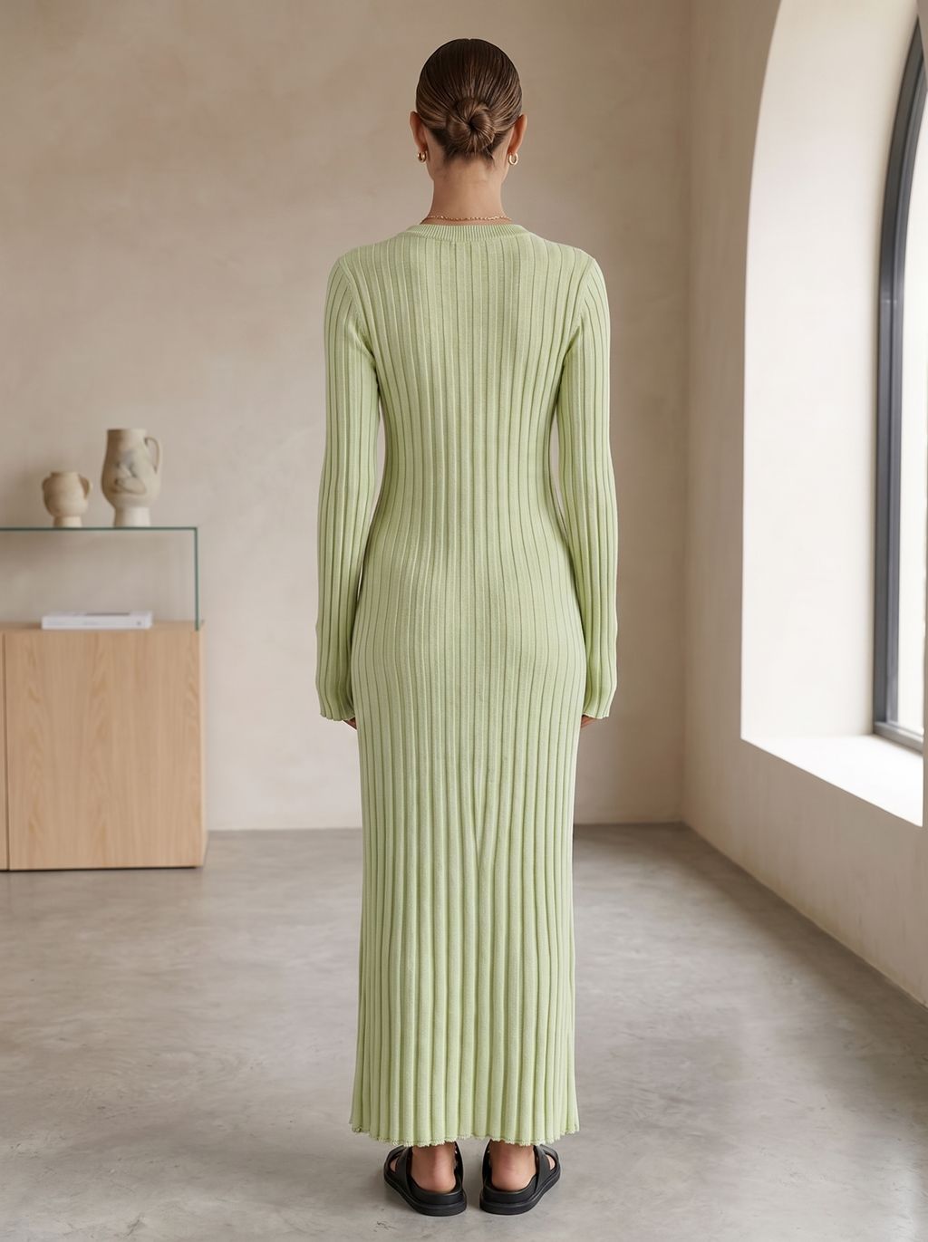 Vestido Maxi Entallado de Punto Canalé con Manga Larga para Mujer
