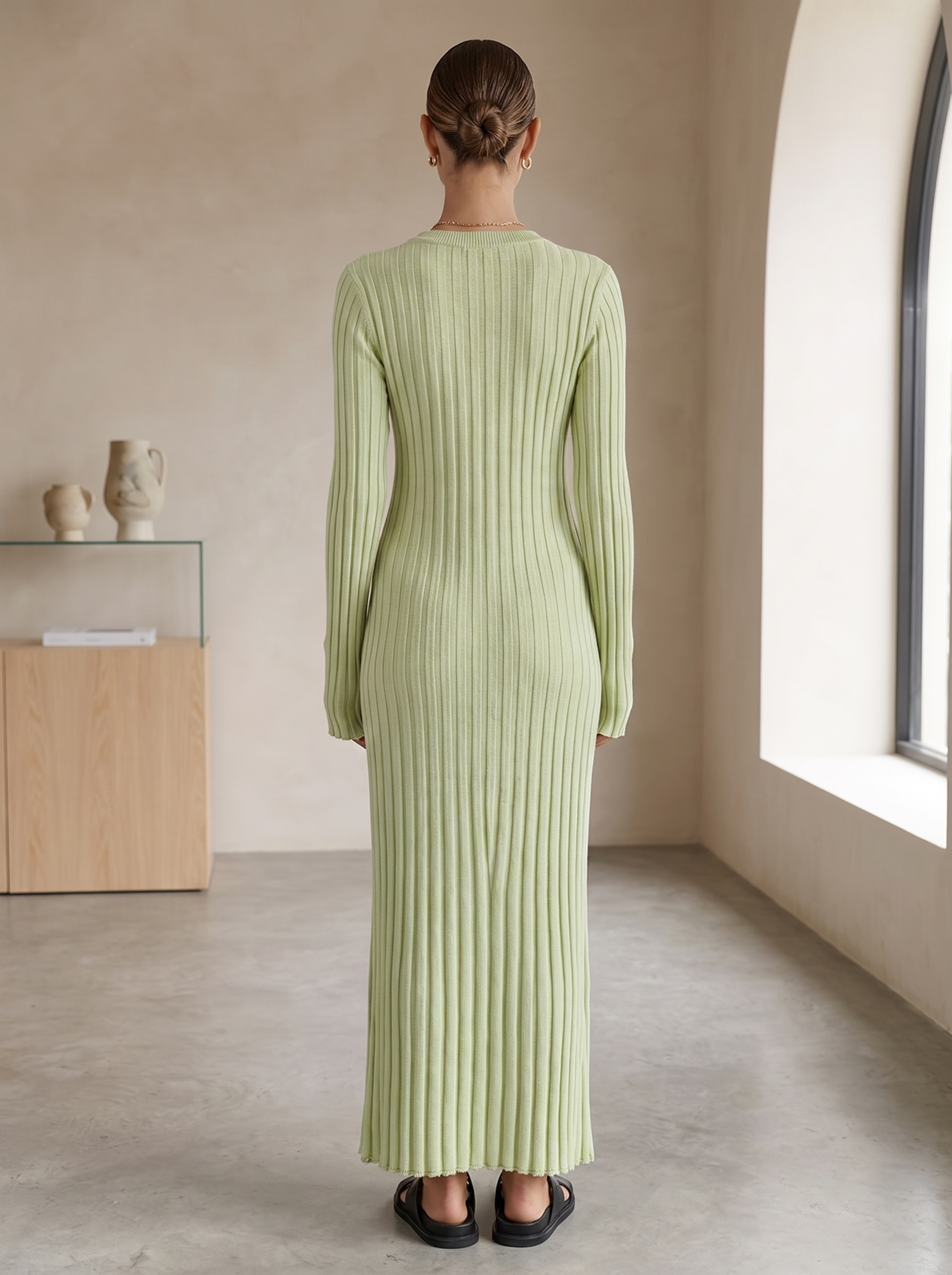 Vestido Maxi Entallado de Punto Canalé con Manga Larga para Mujer